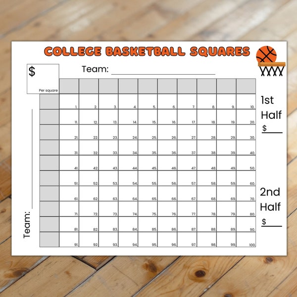 College Basketball Squares Game, Sports Betting Game, 100 Squares Game, College Basketball Tournament