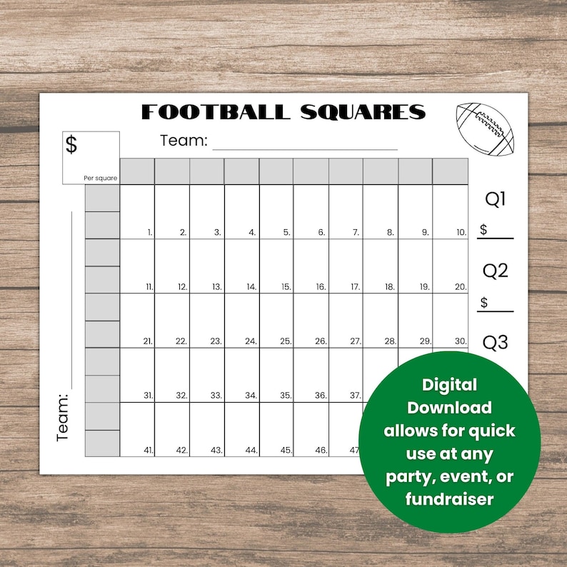 50 Squares Football Squares Game Printable Football Fundraiser