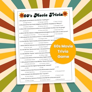 60s Movie Trivia Game, 60s Theme Party Game, Decades Trivia, Team Building Game, Senior Citizen Activity, Birthday Trivia, Trivia Night