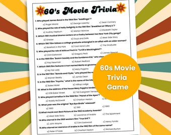 60s Movie Trivia Game, 60s Theme Party Game, Decades Trivia, Team Building Game, Senior Citizen Activity, Birthday Trivia, Trivia Night