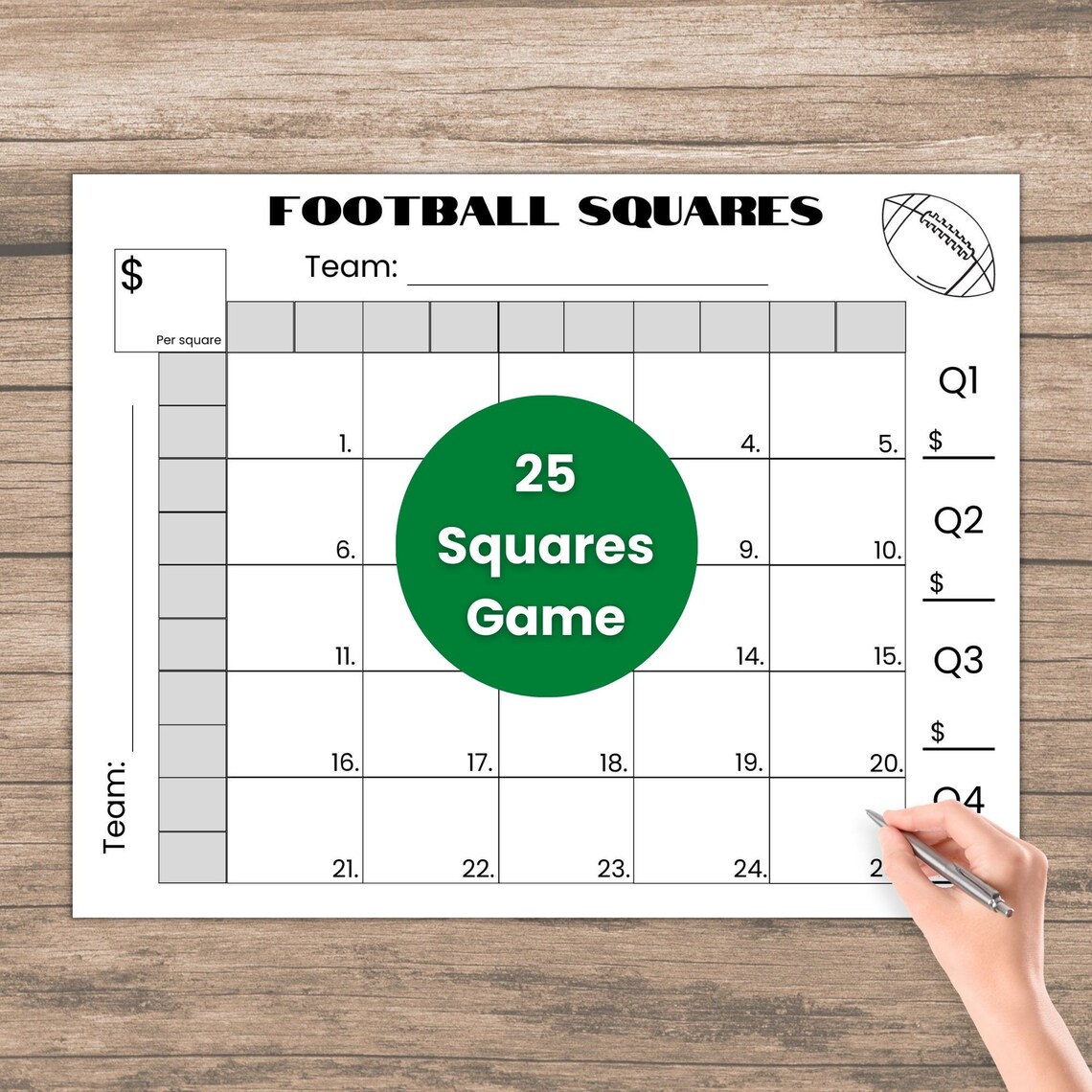 25 Squares Football Squares Game Printable, Football Fundraiser ...