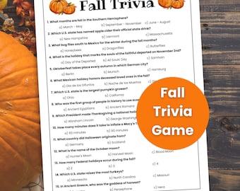Op de afbeelding: Een printbaar herfst-trivia-spel met 15 meerkeuzevragen over herfstvakantie, tradities en feiten. De vragen zijn afgedrukt op een witte achtergrond met een rode cirkel met de tekst "Fall Trivia Game".