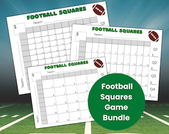 Puede incluir: Un paquete de juegos de cuadrados de fútbol imprimibles. El paquete incluye tres tableros de juego diferentes con un gráfico de fútbol y el texto "Football Squares" en la parte superior de cada tablero. Los tableros están diseñados para ser utilizados para un partido de fútbol, con cada cuadrado representando una puntuación diferente. El paquete también incluye un círculo verde con el texto "Football Squares Game Bundle".
