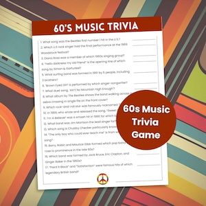 60s Music Trivia Game, 60s Theme Party Game, 60s Trivia, Decades Trivia, 1960s Trivia Game, Team Building Games, Senior Citizen Games