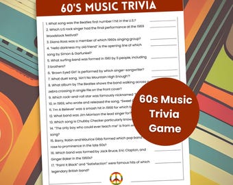 60er Jahre Musik Trivia Spiel, 60er Jahre Themenspiel, Partyspiel, 60er Jahre Trivia, Jahrzehnte Trivia, 1960er Jahre Trivia Spiel, Team Building Spiele, Seniorenspiele