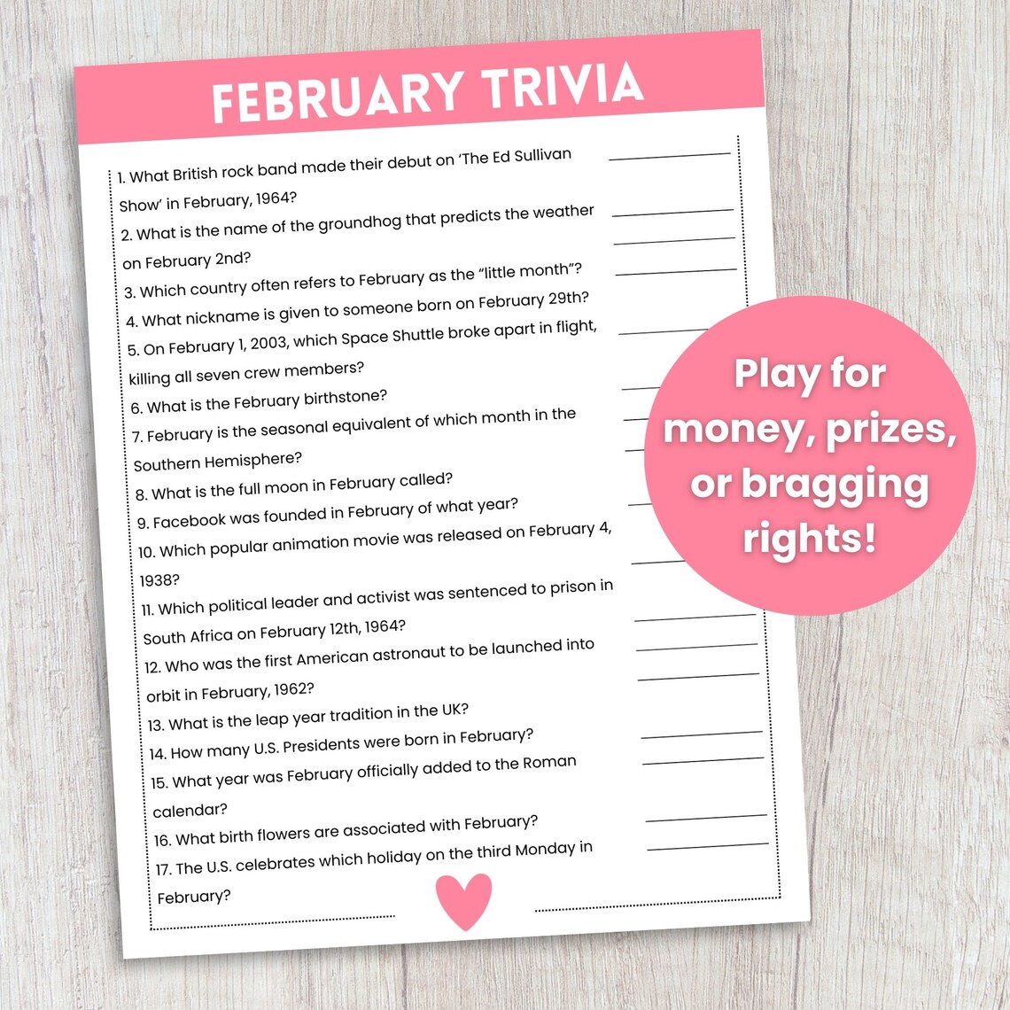 February Trivia Game, Holiday Trivia Game, Trivia Questions, Trivia Game for Kids and Adults