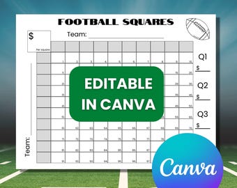 May include: A printable football squares game template with a grid of 100 squares, labeled 1-100. The template is editable in Canva and includes spaces for team names, scores, and dollar amounts. The template is designed for a football pool or game.