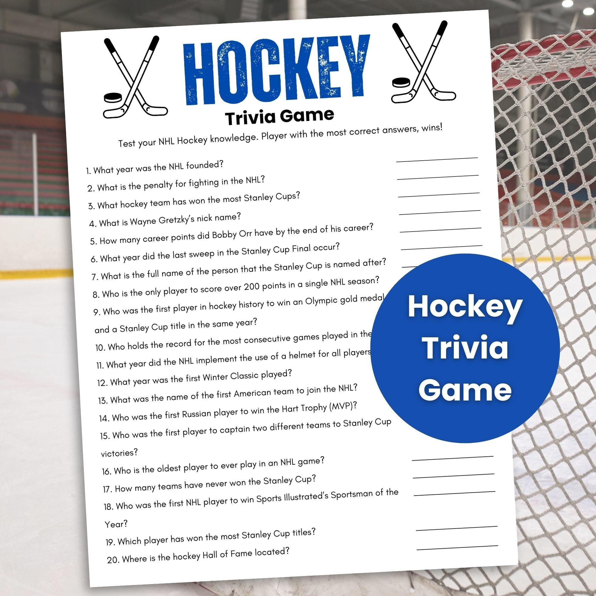 Hockey Trivia Game, Hockey Printable Game, Sports Trivia, Trivia Questions, Trivia Game for Kids
