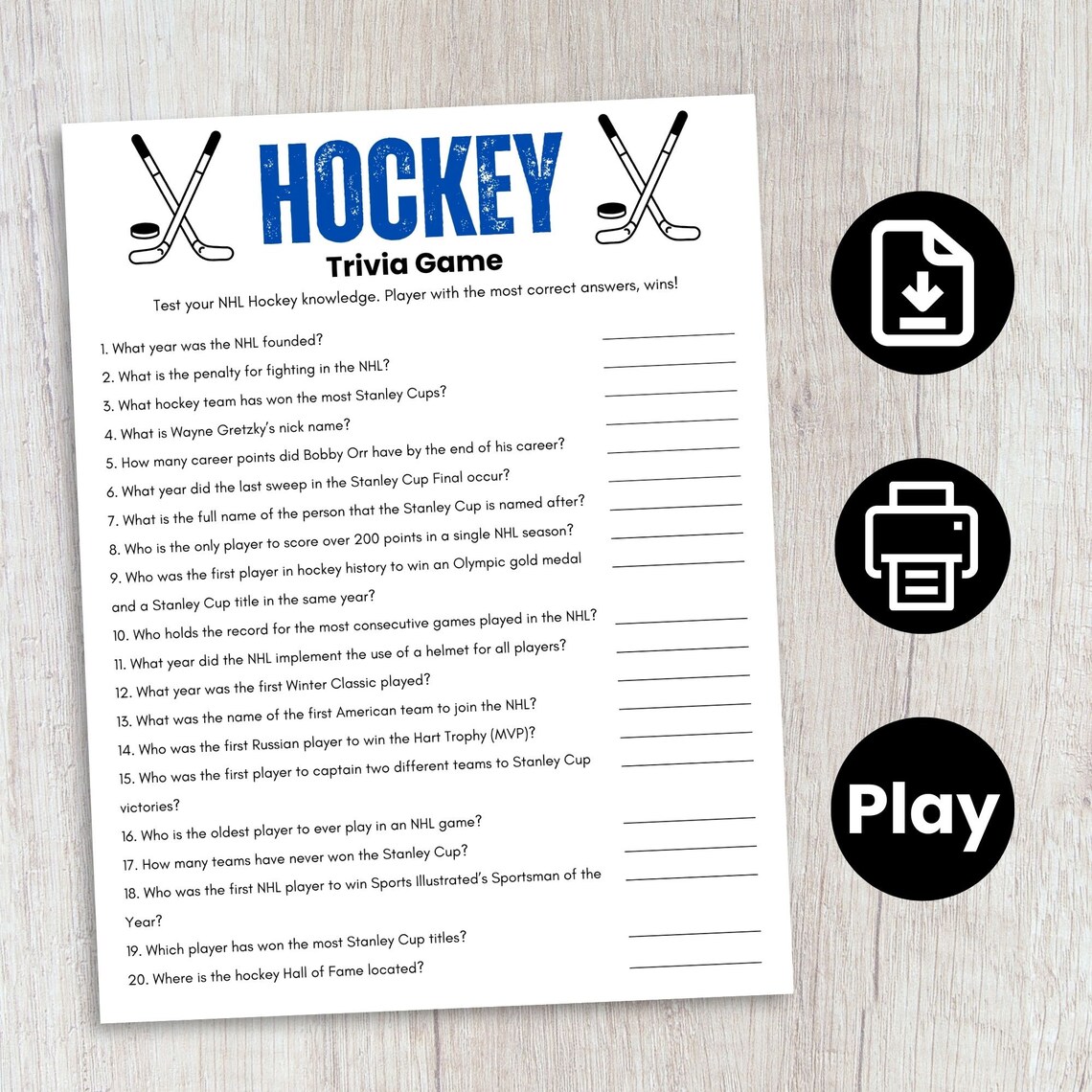Hockey Trivia Game, Hockey Printable Game, Sports Trivia, Trivia