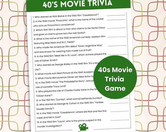 40s Movie Trivia Game, 40s Theme Party Game, 1940s Trivia, Decades Trivia, Senior Citizen Games, 80th Birthday Party, Nursing Home Games