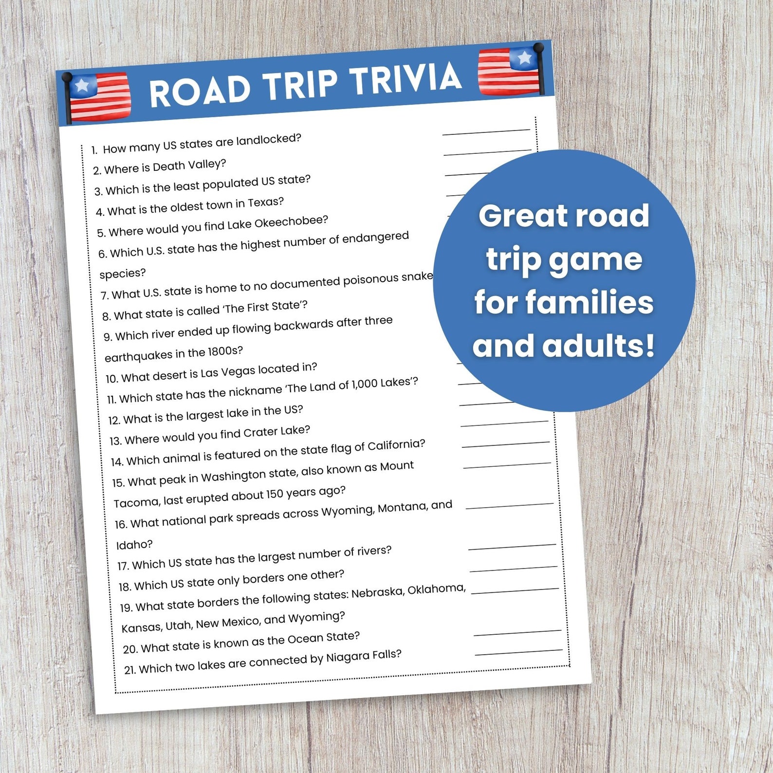 Road Trip Trivia Game, Printable Road Trip Game for Families and Adults