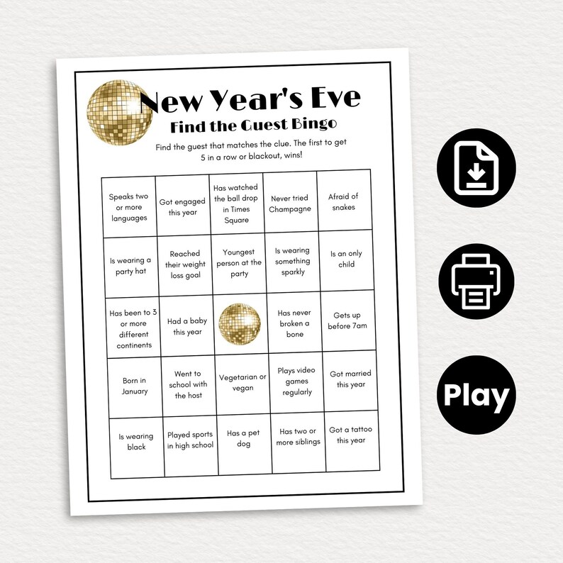 New Years Eve Find the Guest Bingo Game, NYE Games, New Years Eve Party