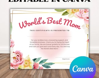 Editable World's Best Mom Certificate, Mom Certificate, Meaningful Mom Gift, Mother's Day Award, Best Mom Award, Printable Canva Certificate