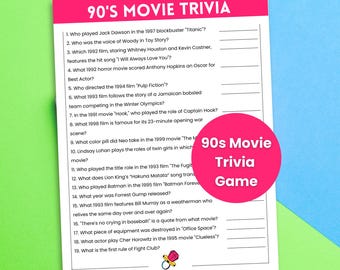 90s Movie Trivia Game, 90s Theme Party Game, 1990s Trivia, Decades Trivia, 30th Birthday Games, High School Reunion Game, Retro Party Game