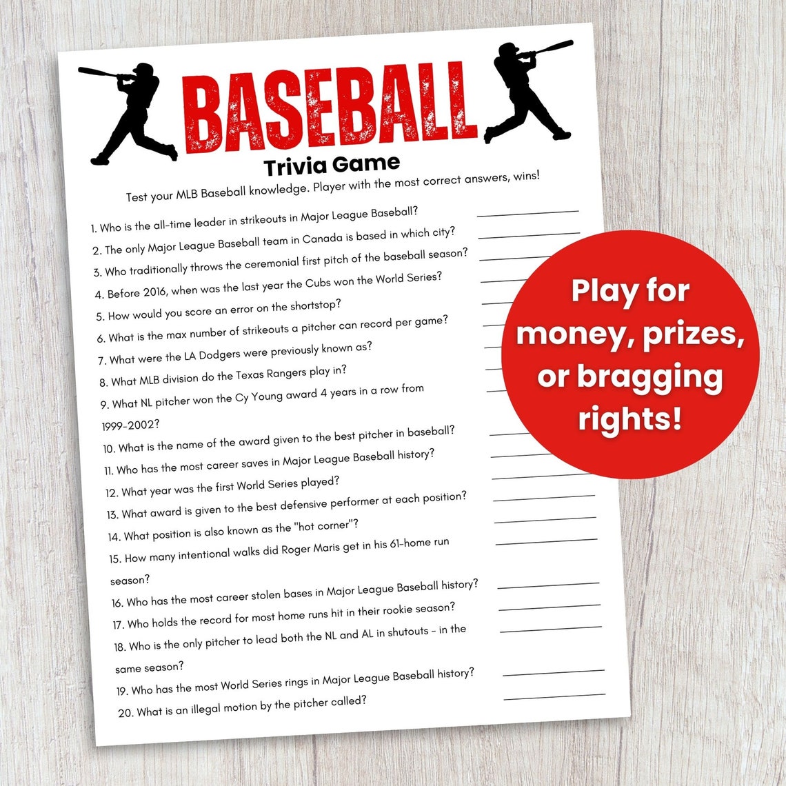 Baseball Trivia Game, Baseball Printable Game, Sports Trivia, Baseball