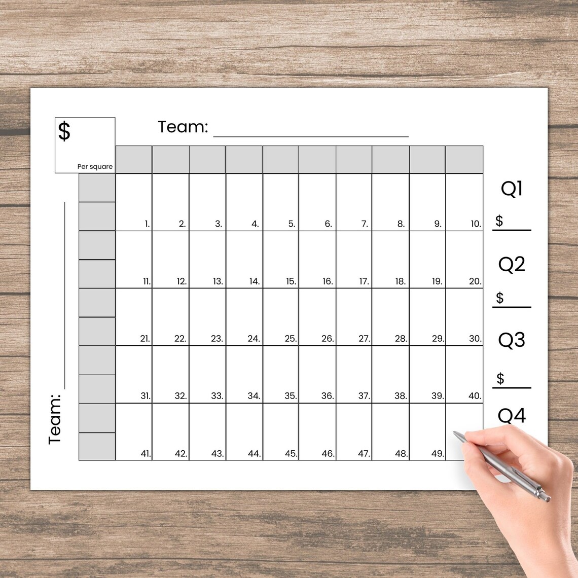 50 Squares Game Blank Template for Fundraisers, Sports Games, Football ...