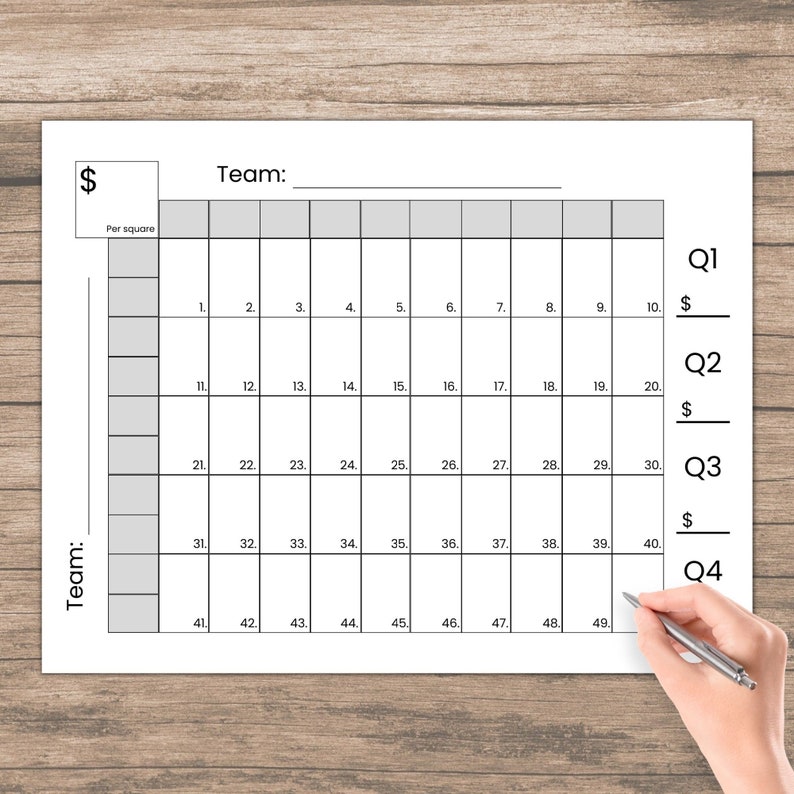 50 Squares Game Blank Template for Fundraisers, Sports Games, Football ...