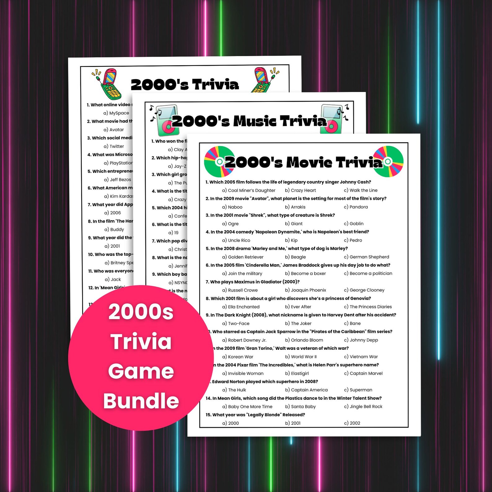 2000s Trivia Game Bundle, 2000s Music Trivia, 2000s Movie Trivia, 2000s ...