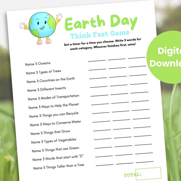 Earth Day Think Fast Game, Earth Day Printable Game for Kids and Adults, Classroom Activity, Earth Day Trivia Game