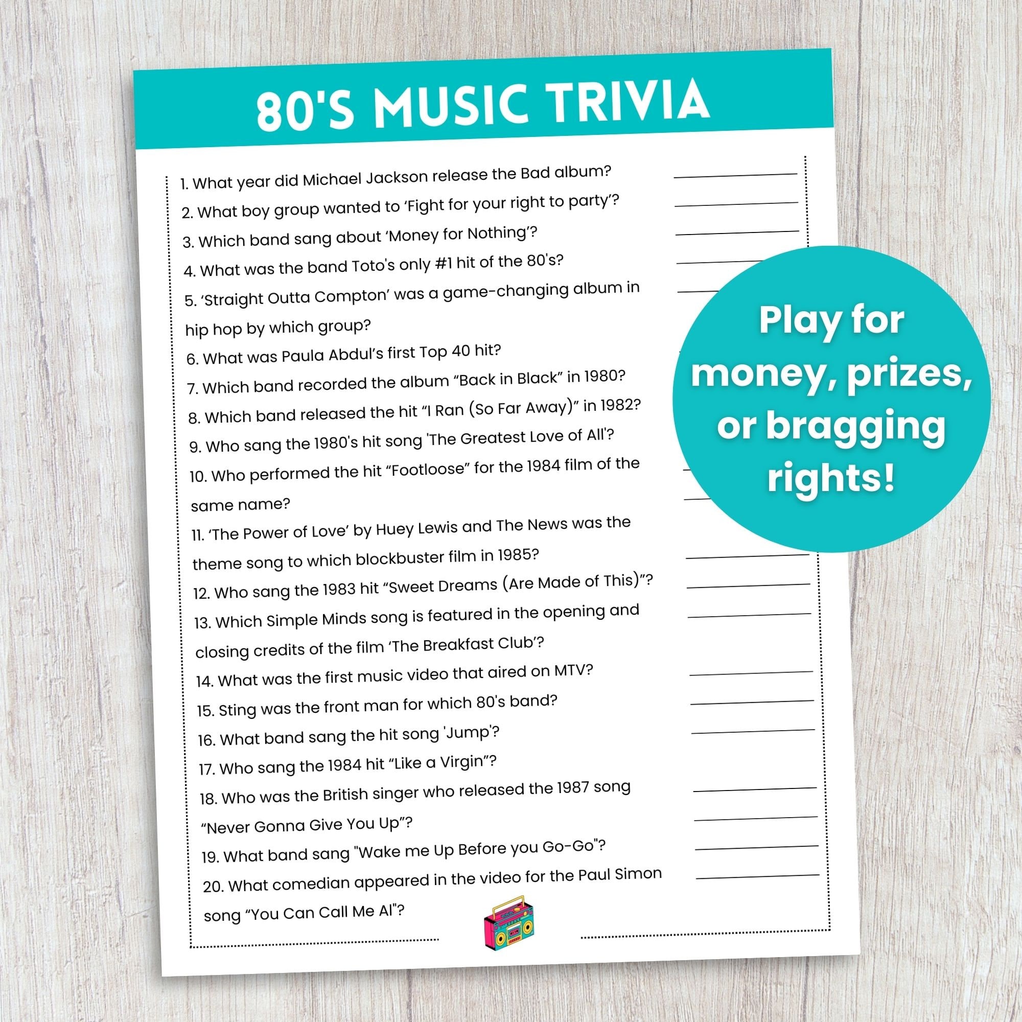 80s Music Trivia Game, 80s Theme Party Game, 80s Trivia, Decades Trivia ...