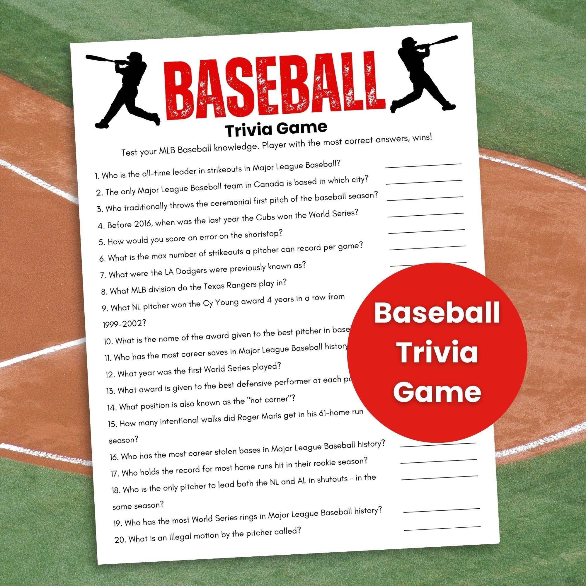 Baseball Trivia Game, Baseball Printable Game, Sports Trivia, Baseball