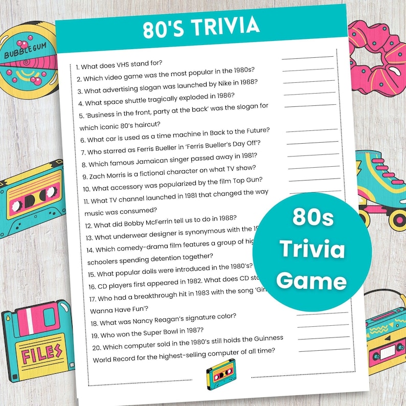 80s Trivia Game, 80s Theme Party Game, Decades Trivia, Birthday Trivia ...