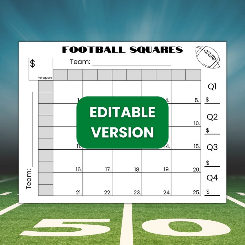 Editable 25 Football Squares Game Printable, Football Fundraiser ...