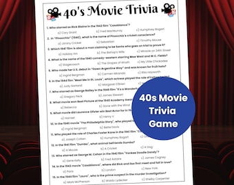 40s Movie Trivia Game, 40s Theme Party Game, 1940s Trivia, Decades Trivia, Senior Citizen Games, 80th Birthday Party, Nursing Home Games