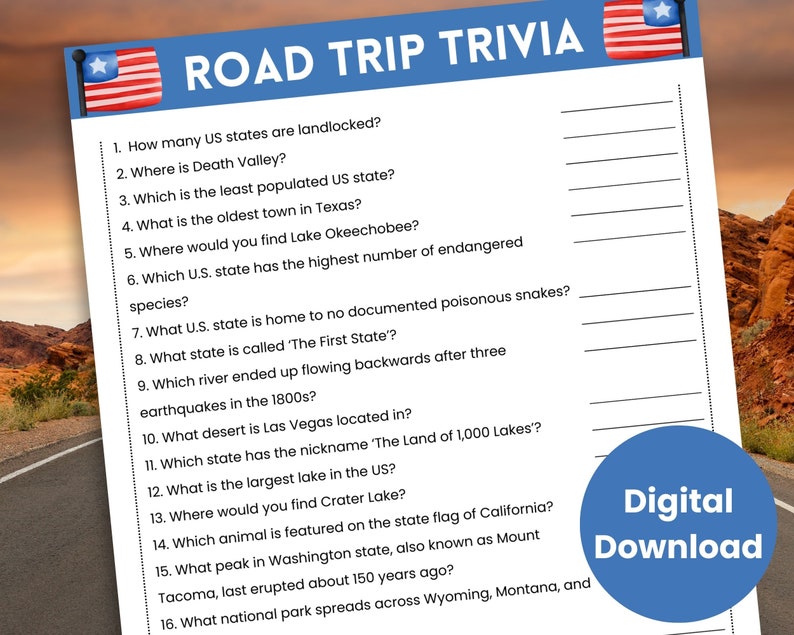 Road Trip Trivia Game Printable Road Trip Game for Families Etsy