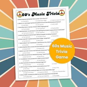 60s Music Trivia Game, 60s Theme Party Game, 60s Trivia, Decades Trivia, 1960s Trivia Game, Team Building Games, Senior Citizen Games