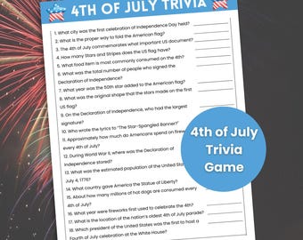 May include: A blue and white printable 4th of July trivia game with 18 questions. The game is designed to test your knowledge of American history and traditions.