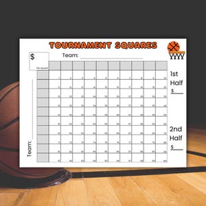 Puede incluir: Un tablero de juego de cuadrados de torneo de baloncesto imprimible con una cuadrícula en blanco y negro y las palabras "Tournament Squares" en la parte superior. El tablero está dividido en 100 cuadrados, numerados del 1 al 100. Hay espacios para los nombres de los equipos, el precio por cuadrado y el monto total para las primeras y segundas mitades del juego.