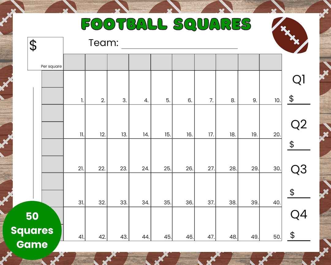 50 Squares Football Squares Game Printable Football Etsy