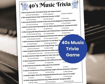 40s Music Trivia Game, 40s Theme Party Game, 1940s Trivia, Decades Trivia, Senior Citizen Games, Trivia for Seniors, 80th Birthday Party