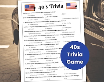 40s Trivia Game, 40s Theme Party Game, Decades Trivia, 1940s Trivia, Senior Citizen Game, Nursing Home Game, 80th Birthday Party