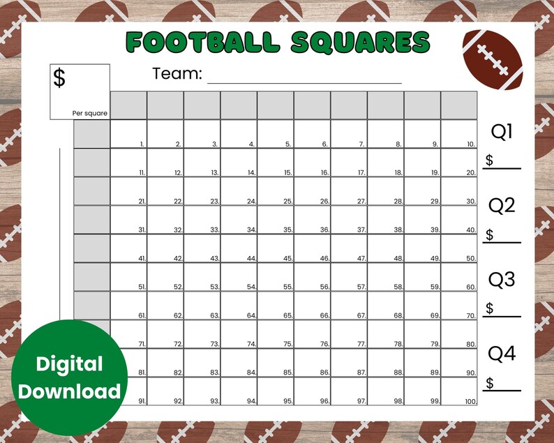 Football Squares Game Printable With Color Football - Etsy
