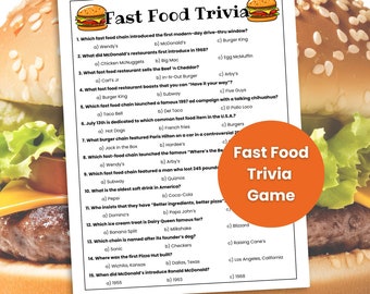 May include: A printed trivia game sheet titled "Fast Food Trivia Game" with multiple-choice questions about fast food restaurants. The sheet is set against a blurred background of a hamburger. An orange circle with the game title is in the foreground.