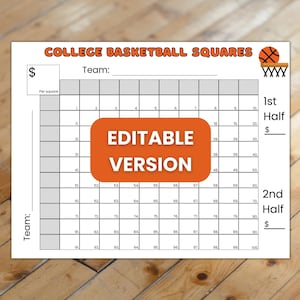 May include: A printable college basketball squares game board with a basketball and the words "College Basketball Squares" at the top. The board is divided into 100 squares, numbered 1 to 100. There are spaces for two teams, the first and second half scores, and the price per square. The board is labeled "Editable Version".