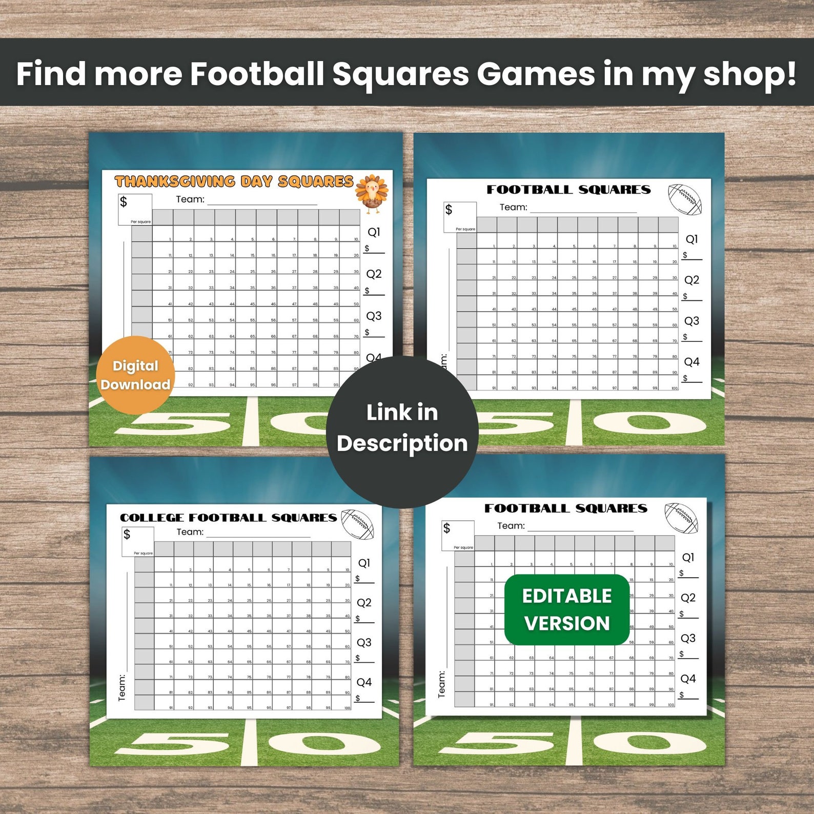 25 Squares Football Squares Game Printable, Football Fundraiser ...