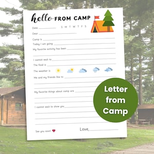 Carta imprimible desde el campamento, carta de saludo desde el campamento, cartas para campamentos de verano, papelería para campamentos, plantilla de carta para campamentos, carta para completar espacios en blanco