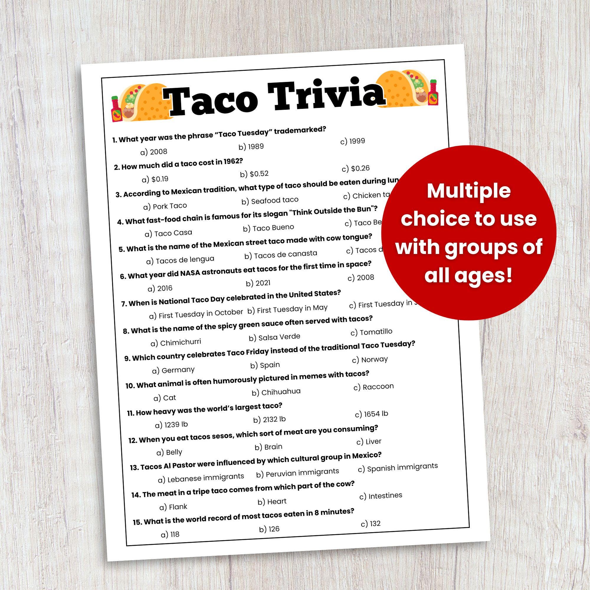 Taco Trivia Game, Fiesta Taco Trivia, Taco Party Game, Food Trivia ...