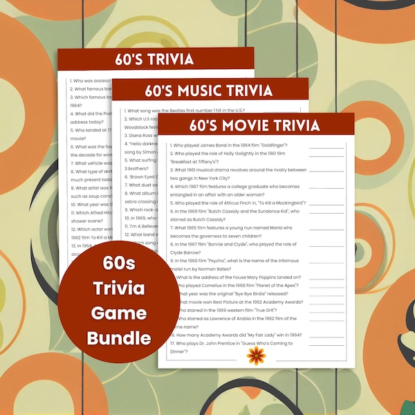 60s Trivia Game Bundle, 60s Music Trivia, 60s Movie Trivia, 60s Party Games, Decades Trivia, Family Movie Night