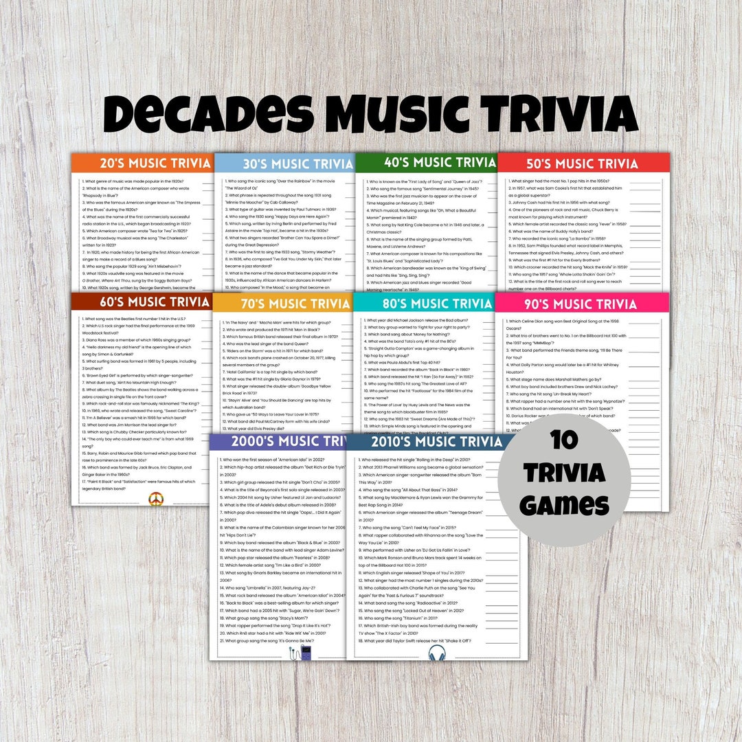 Music Trivia Game, Decades Trivia Game, Decades Party Game, 90s Trivia
