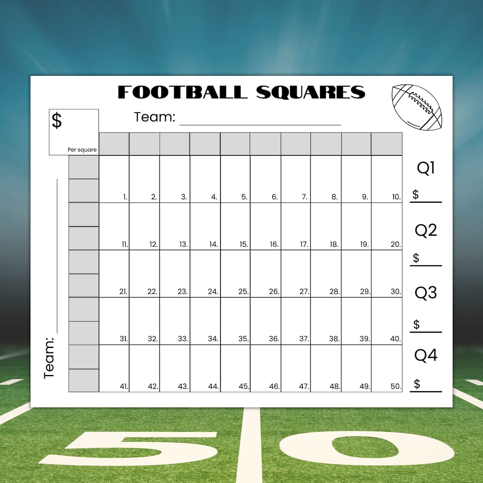 50 Squares Football Squares Game Printable Football Fundraiser