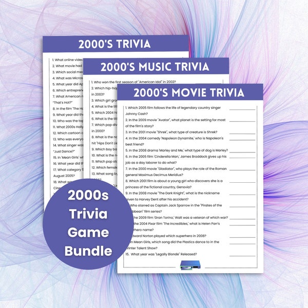 2000s Trivia Game Bundle, 2000s Music Trivia, 2000s Movie Trivia, 2000s Theme Party Games, Decades Trivia