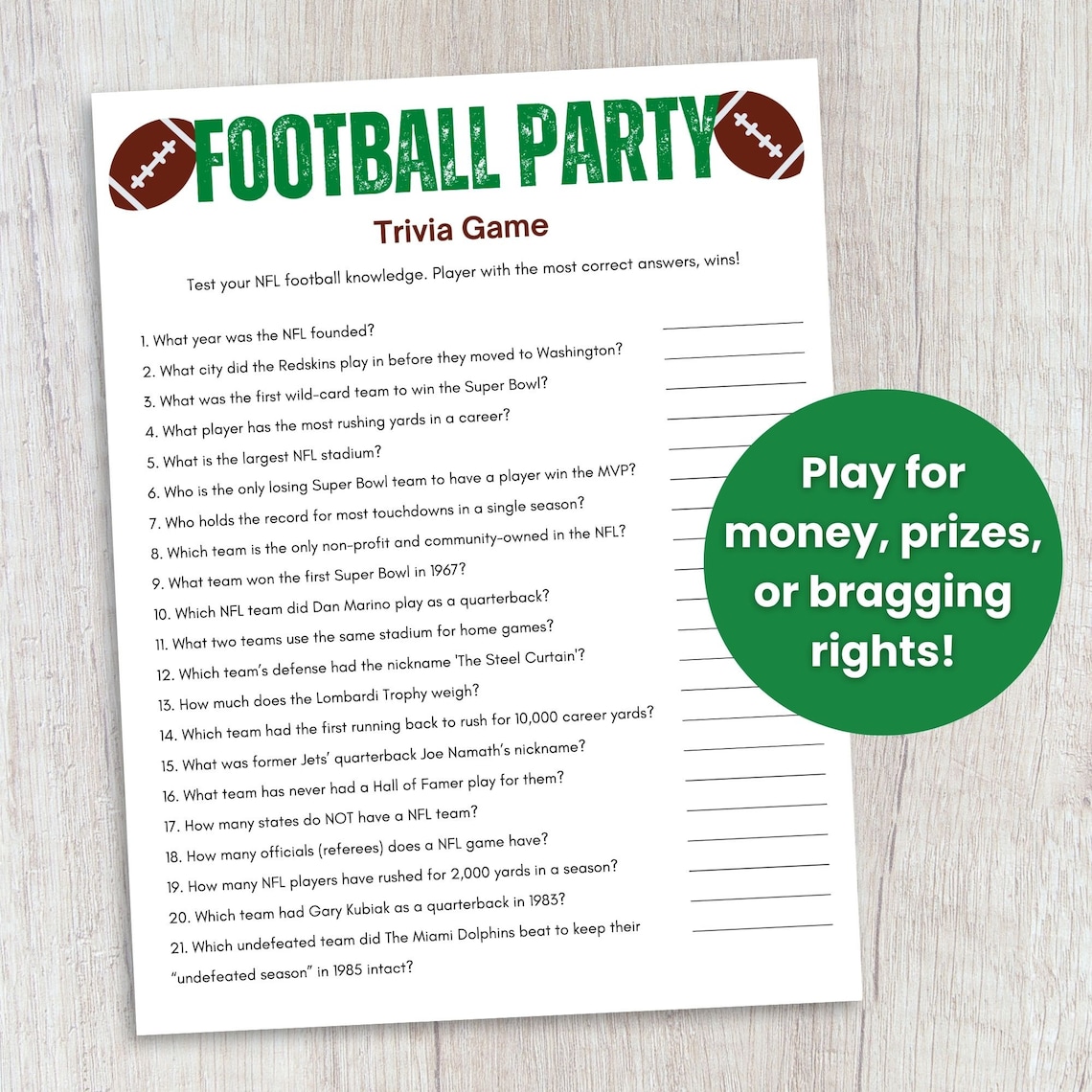 Football Trivia Game, Football Party Game, Trivia Game for Kids and