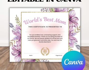 Editable World's Best Mom Certificate, Mom Certificate, Meaningful Mom Gift, Mother's Day Award, Best Mom Award, Printable Canva Certificate
