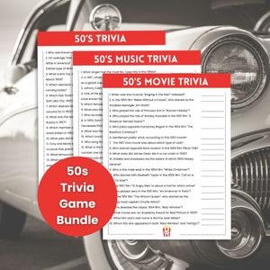 50er Jahre Trivia Spiel Bundle, 50er Jahre Musik-Trivia, 50er Film-Trivia, 50er Gesellschaftsspiele, Jahrzehnte Party, Rock'n'Roll-Trivia, geboren 1950, Seniorenspiel