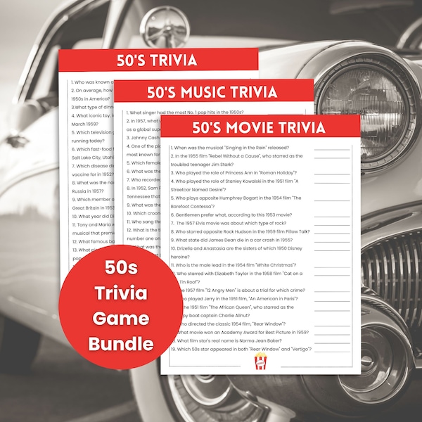 50s Trivia Game Bundle, 50s Music Trivia, 50s Movie Trivia, 50s Party Games, Decades Trivia, Rock and Roll Trivia