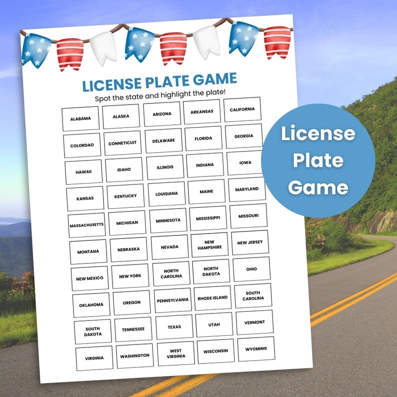 License Plate Game Printable for Road Trips, Road Trip Activity for